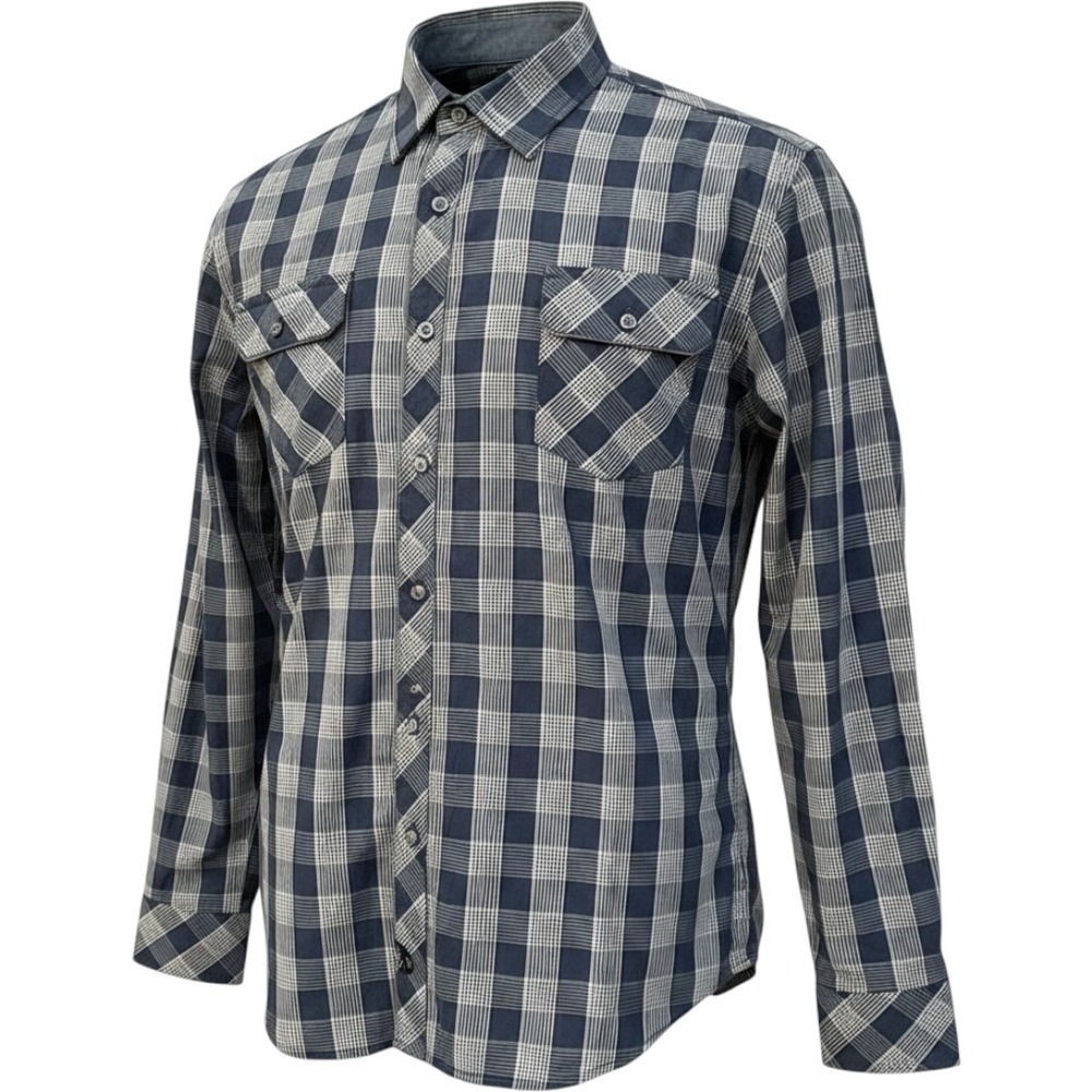 7 Diamonds Button Down Shirt Mens L Navy Blue Gray Plaid Long Sleeve Modern